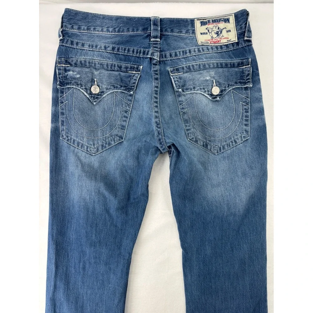 True Religion Straight Jeans Mens 34 Blue Distressed Ripped Denim Streetwear